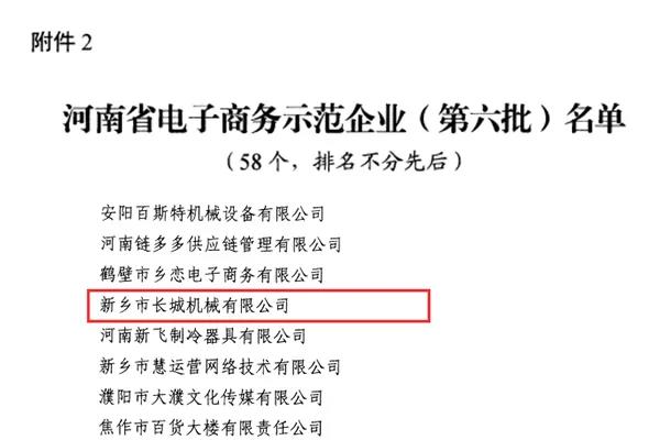 新鄉(xiāng)長(zhǎng)城機(jī)械榮獲河南省電子商務(wù)示范企業(yè)